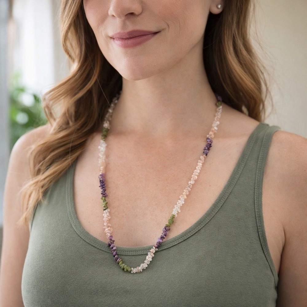 Vintage 32" Multi Gemstone Chip Necklace Strand Amethyst Citrine Peridot Quartz‎